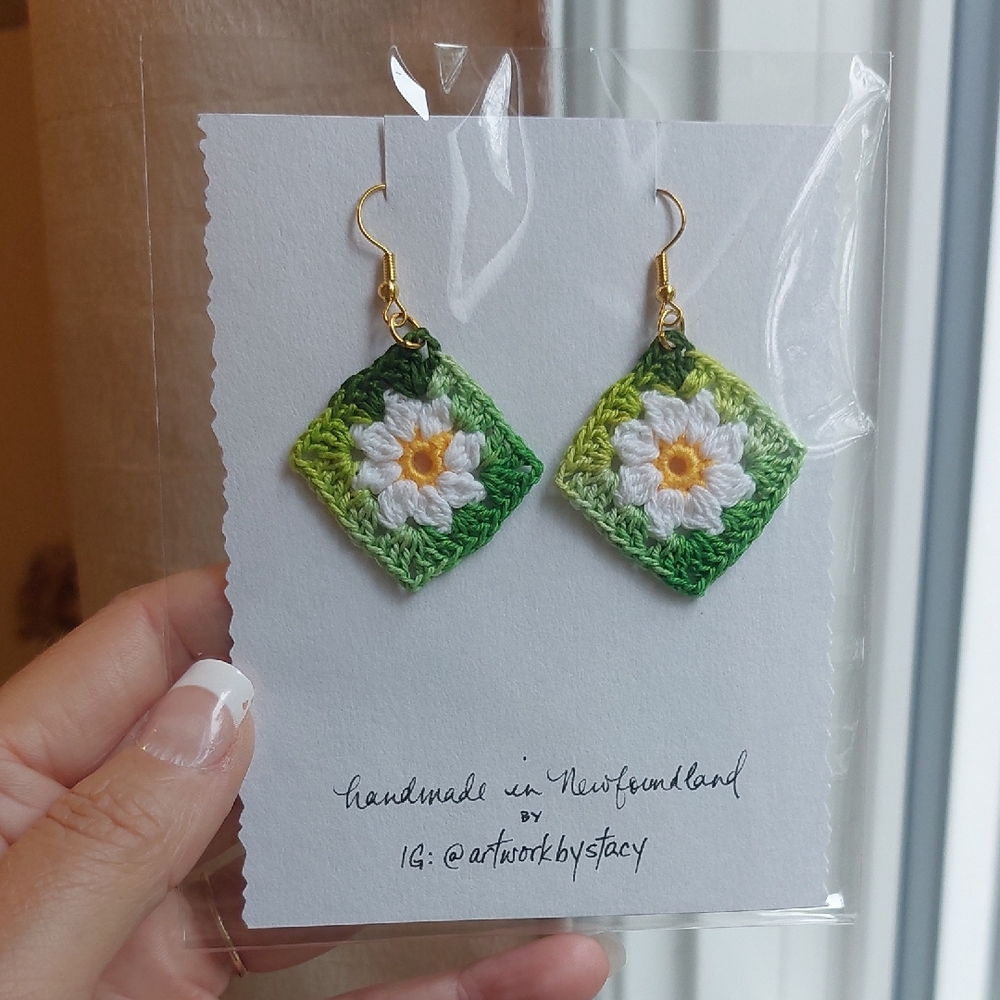 Handmade Crochet Green and White Floral Earrings